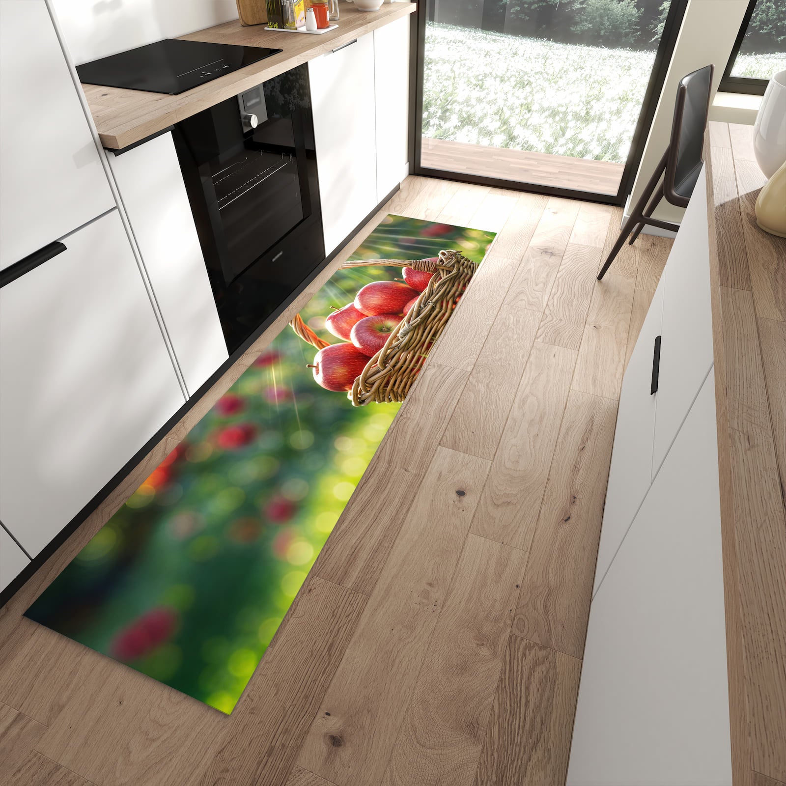 Komfortabler Küchenteppich mit Motiv Korb mit roten Äpfeln in moderner Küche