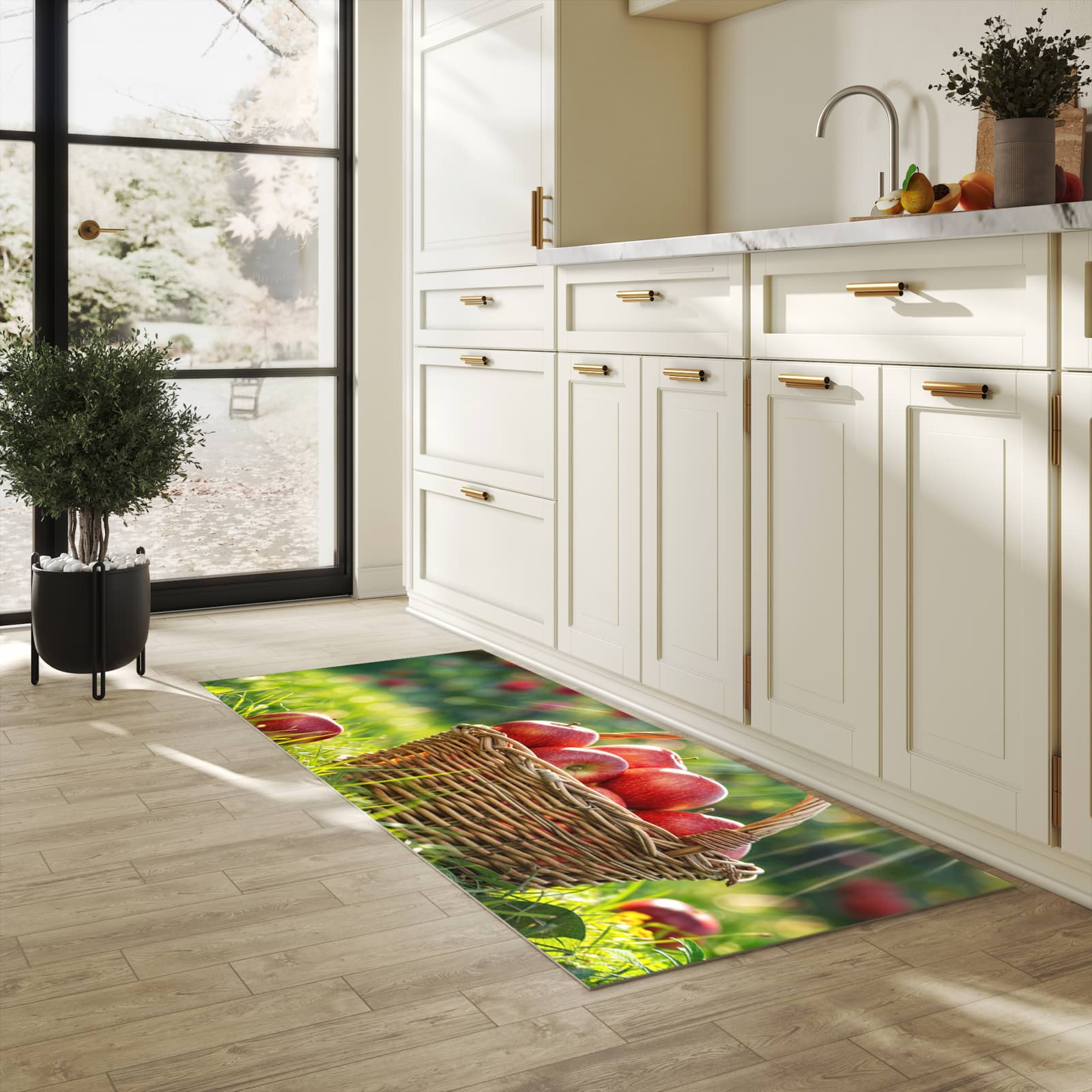 Bodenschonender Läufer für die Küche mit Motiv Korb mit roten Äpfeln in heller Küche