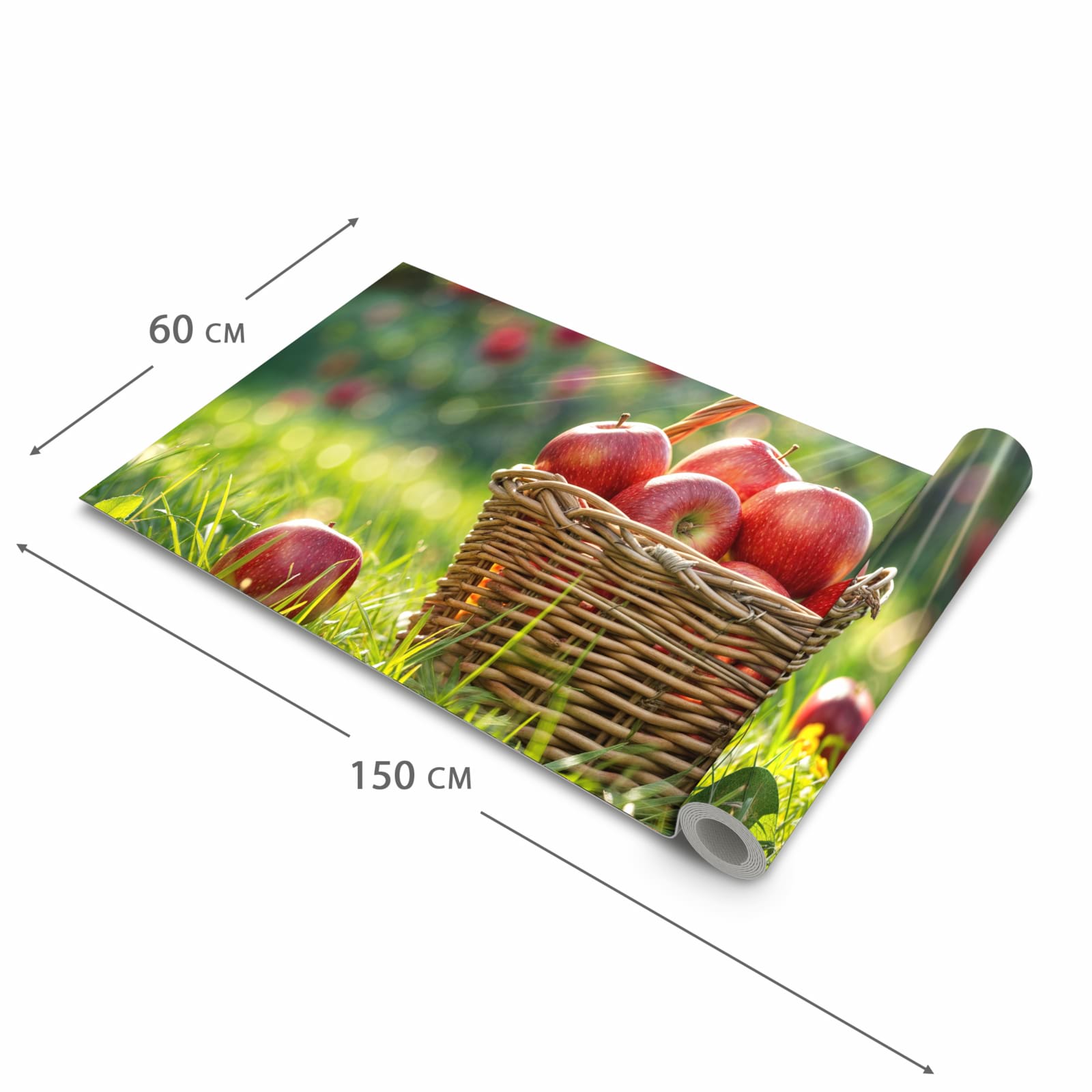 Pflegeleichter Teppichläufer für die Küche mit Motiv Korb mit roten Äpfeln in der Grösse 60x270 cm