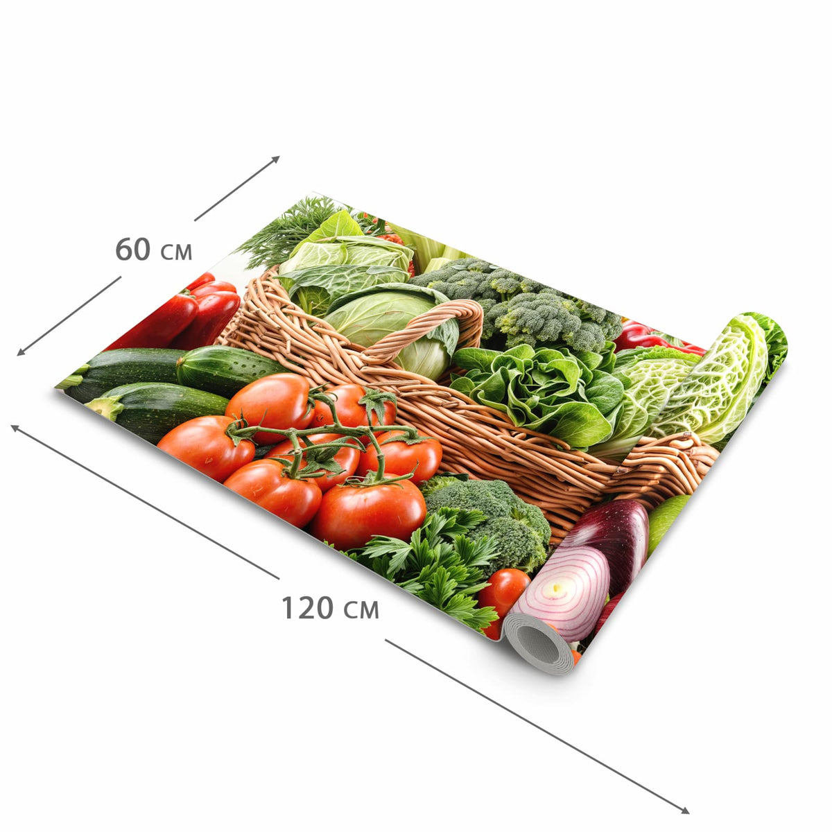 Farbbeständiger Teppich für Küche mit Motiv Frisches Gemüse Korb in der Grösse 60x270 cm