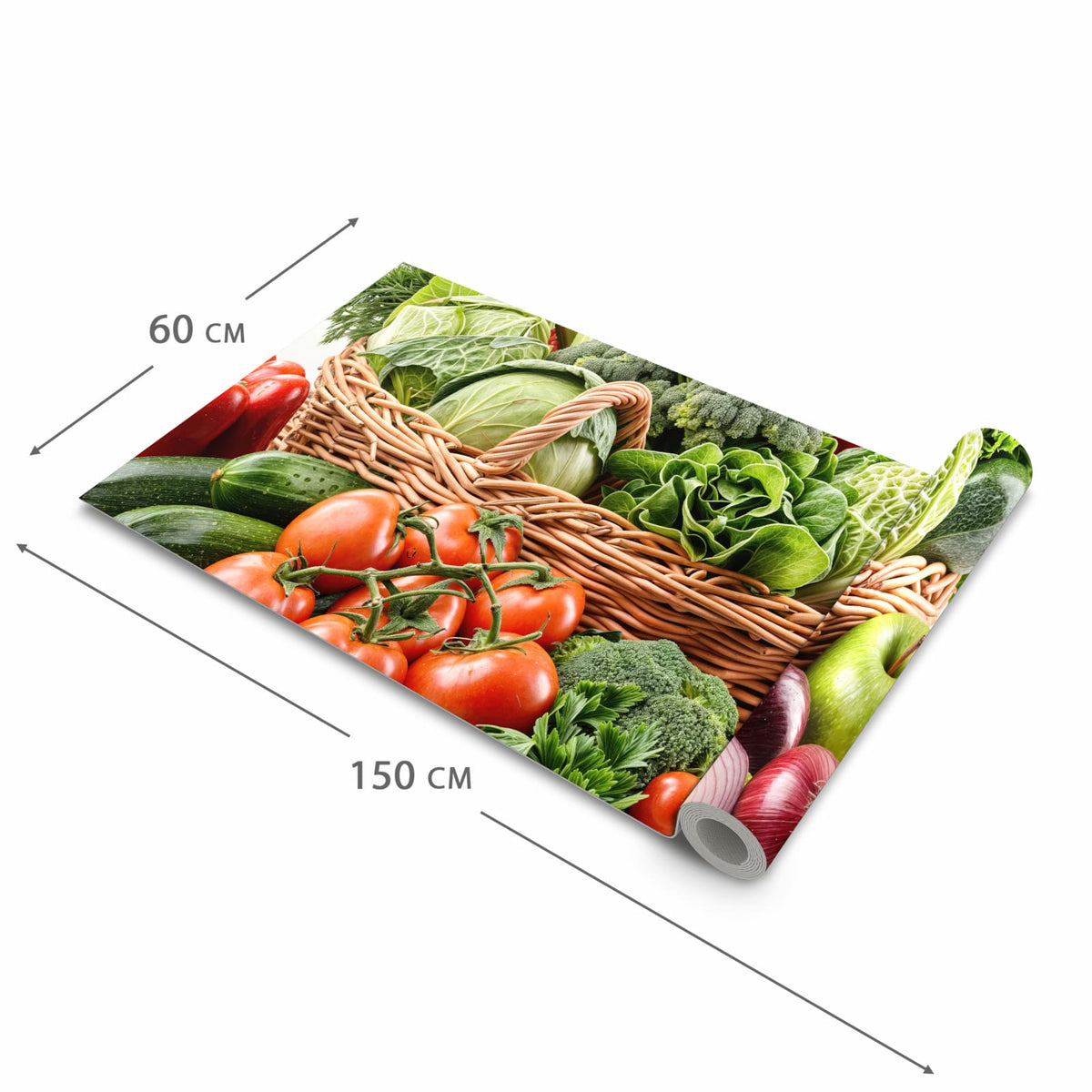 Formstabiler Küchenteppich mit Motiv Frisches Gemüse Korb in der Grösse 60x270 cm