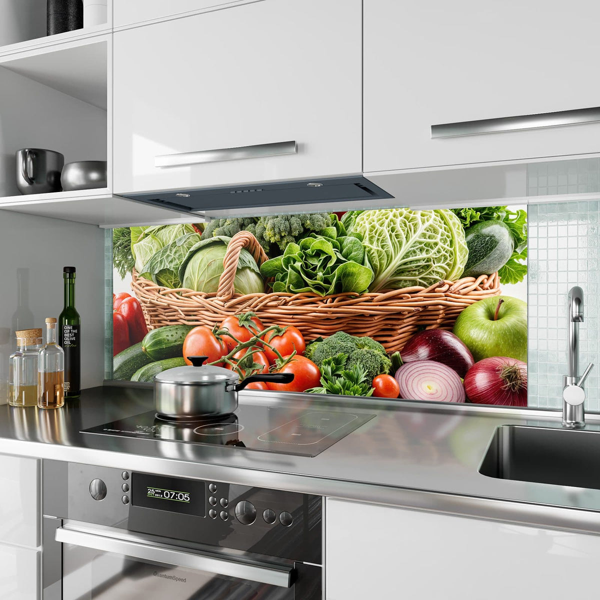 Küchenrückwand aus Glas Voller Gemüsekorb im Hochformat als Spritzschutz hinter dem Kochfeld, über dem Fliesenspiegel montiert