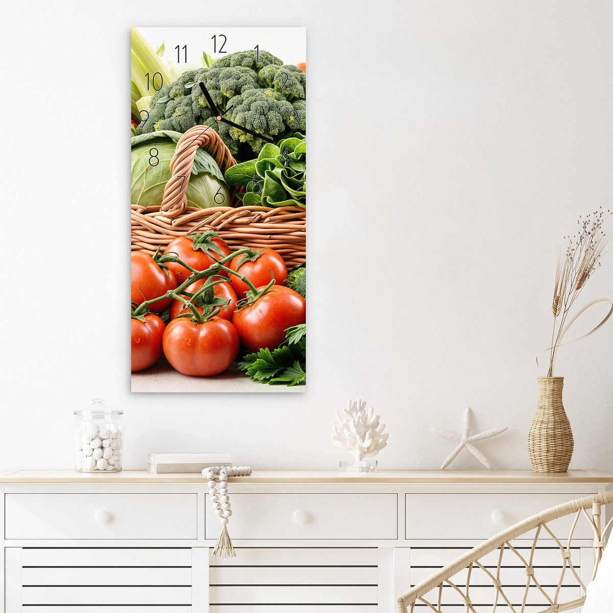 Wanduhr Frisches Gemüse Korb aus Glas – Gemüsekorb mit Brokkoli und Tomaten