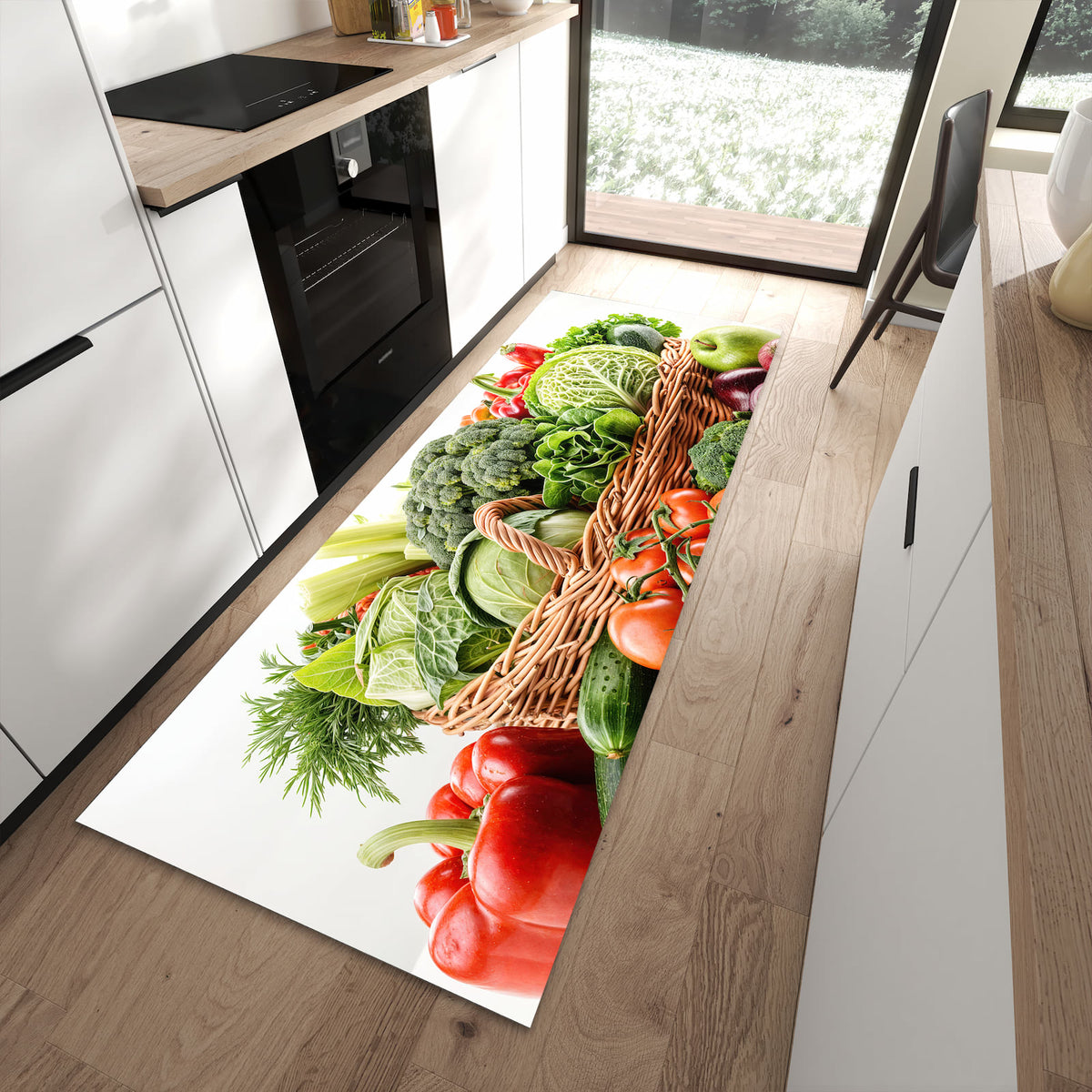 Geruchsneutraler Küchenteppich mit Motiv Frisches Gemüse Korb in moderner Küche