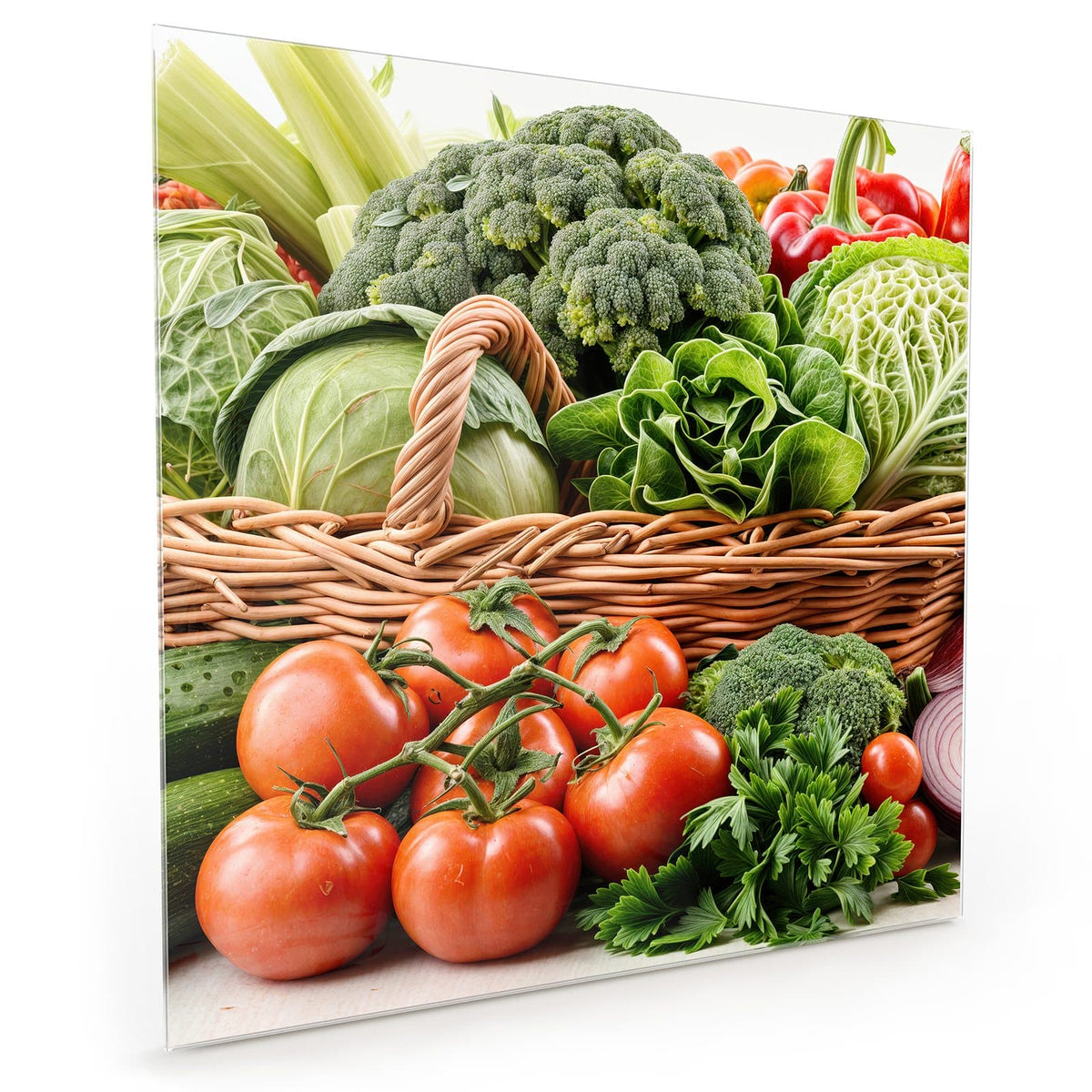 Küchenrückwand aus Glas im quadratischen Format mit Motiv Voller Gemüsekorb: Prall gefüllter Weidenkorb mit Kohl, Brokkoli, Salat und Paprika #grösse_40 x 40 cm #grösse_50 x 50 cm #grösse_60 x 60 cm