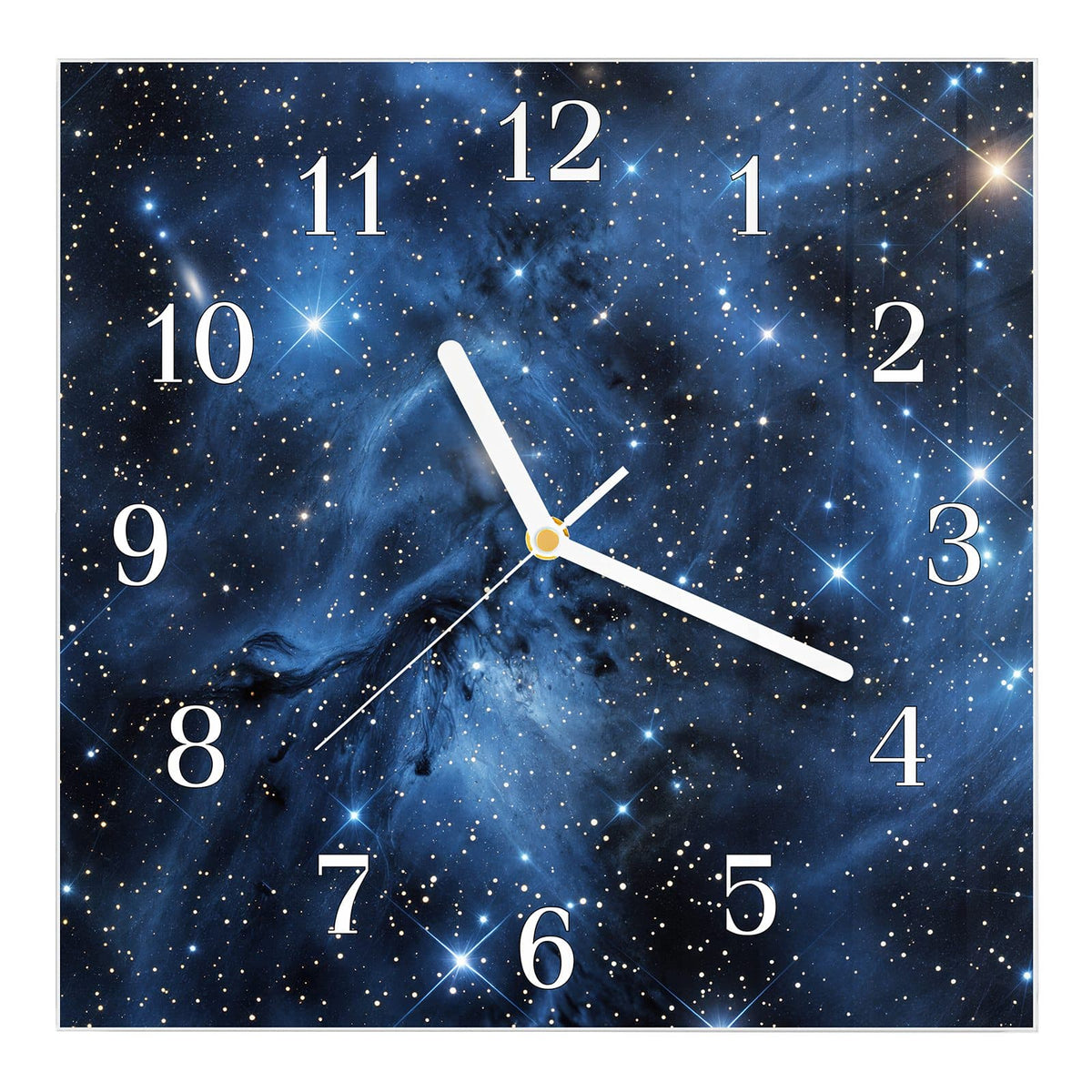 Wanduhr aus Glas, Ziffernblatt Klassisch: Dichtes Sternenfeld mit blauem Nebelschleier, mehrere Sterne mit Strahlenkreuz