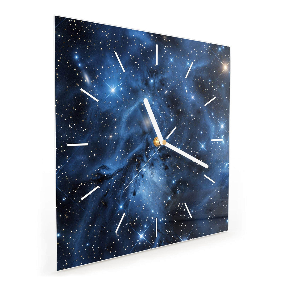 Quadratische Wanduhr aus Glas Blauer Sternennebel schräg von der Seite, 4 mm starkes Glas