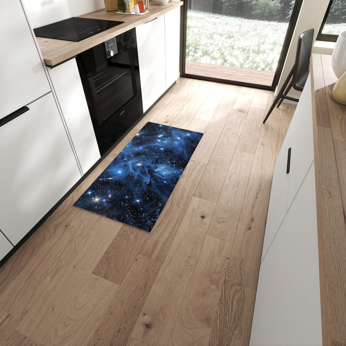 Pflegeleichter Küchenteppich mit Motiv Sanfte Sternenhinmel in moderner Küche #grösse_60 x 120 cm