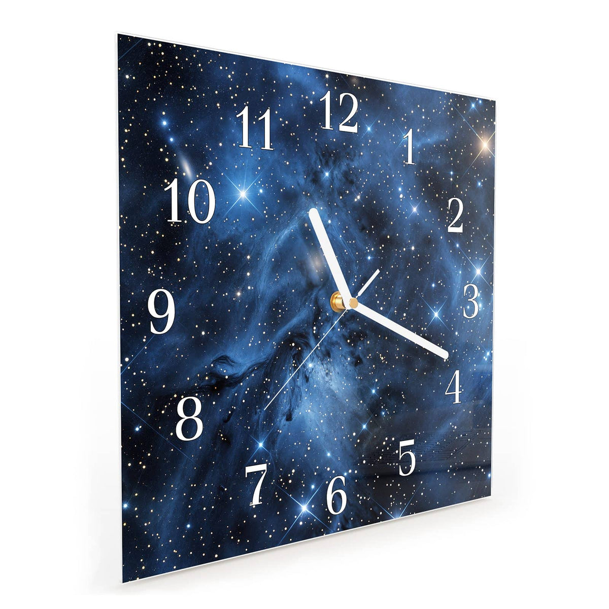 Quadratische Wanduhr aus Glas Blauer Sternennebel schräg von der Seite, 4 mm starkes Glas