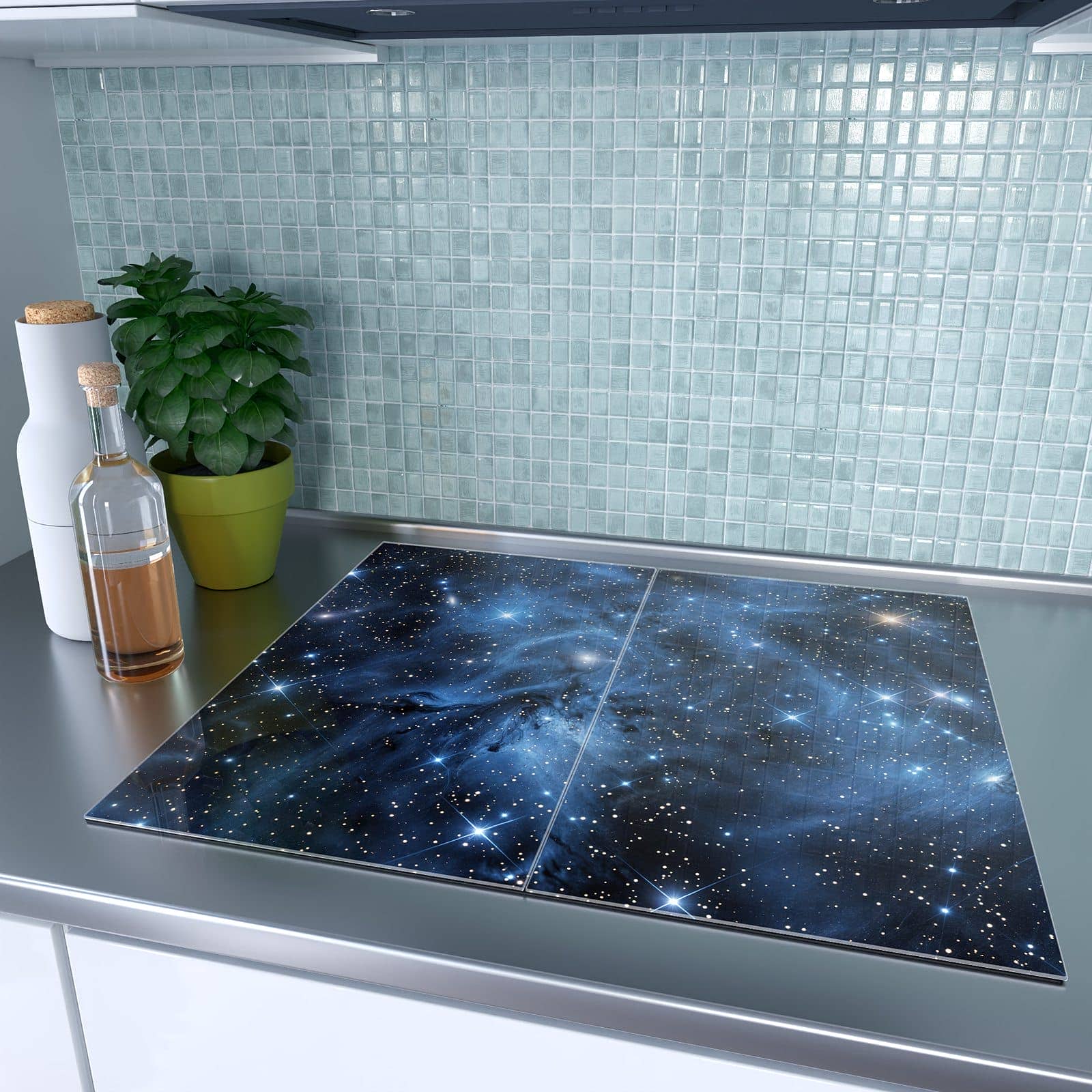 2-teilige Herdabdeckplatte mit Sanfte Sternenhinmel-Motiv auf dem Ceranfeld in moderner Küche