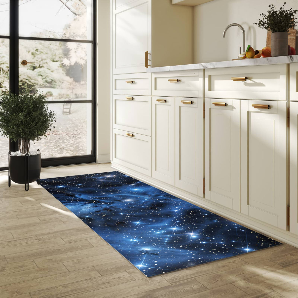 UV-beständiger Küchenläufer mit Motiv Sanfte Sternenhinmel in heller Küche