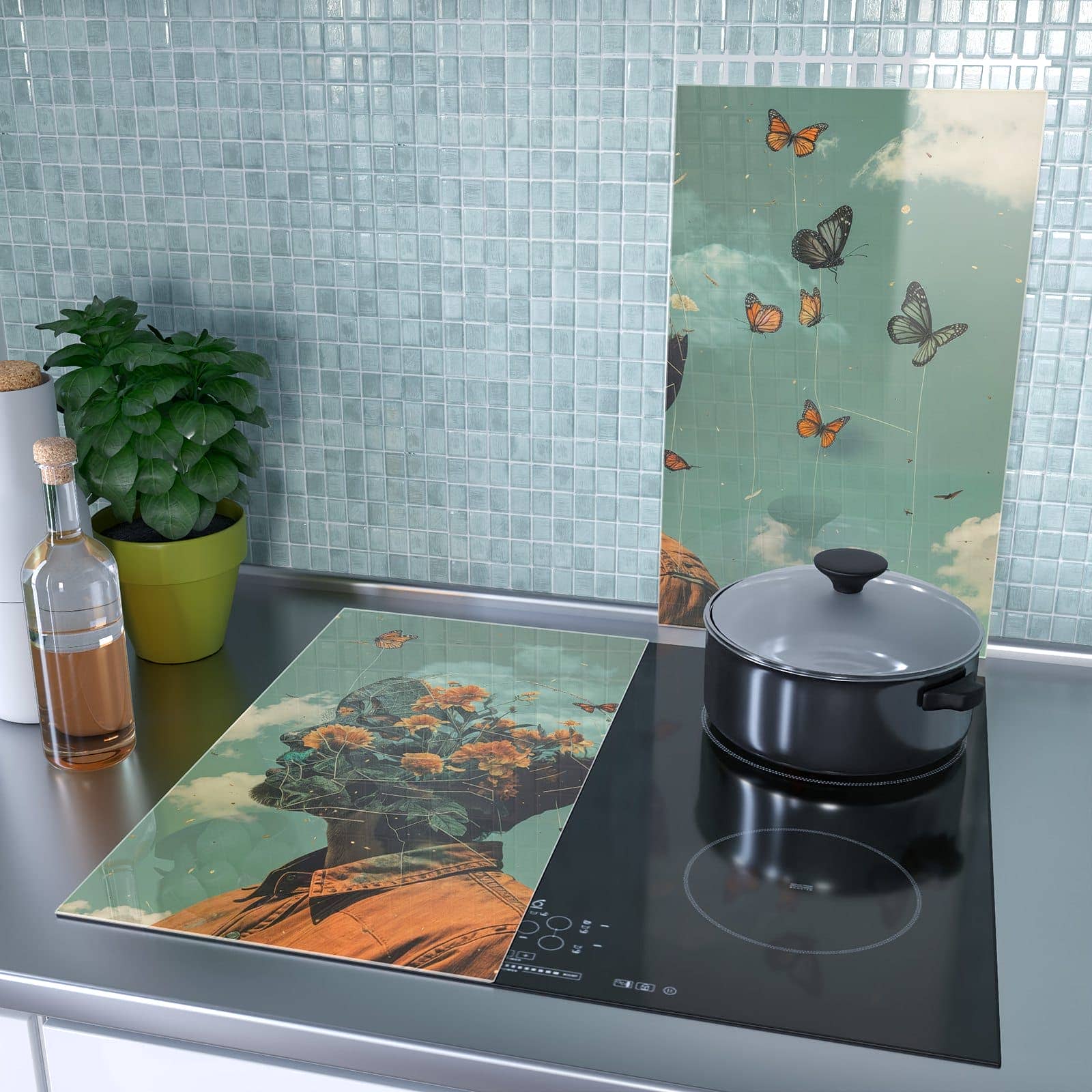 2-teilige Herdabdeckplatte mit Natur Vision-Motiv als Spritzschutz hinter dem Kochfeld