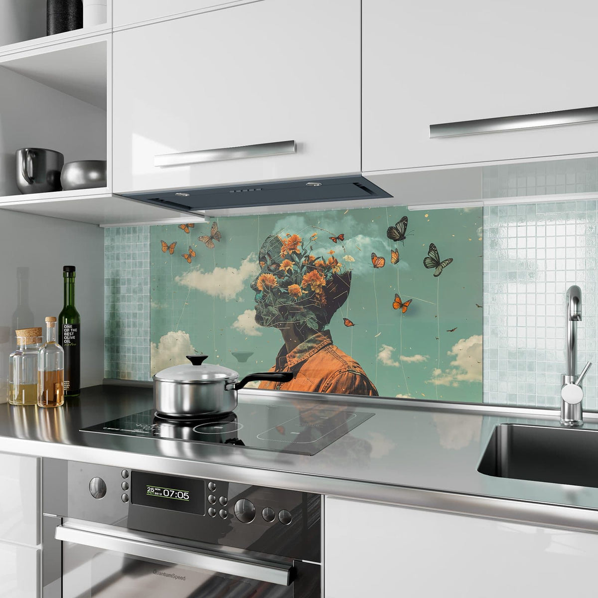 Küchenrückwand aus Glas Kopf voller Blumen im Hochformat als Spritzschutz hinter dem Kochfeld, über dem Fliesenspiegel montiert