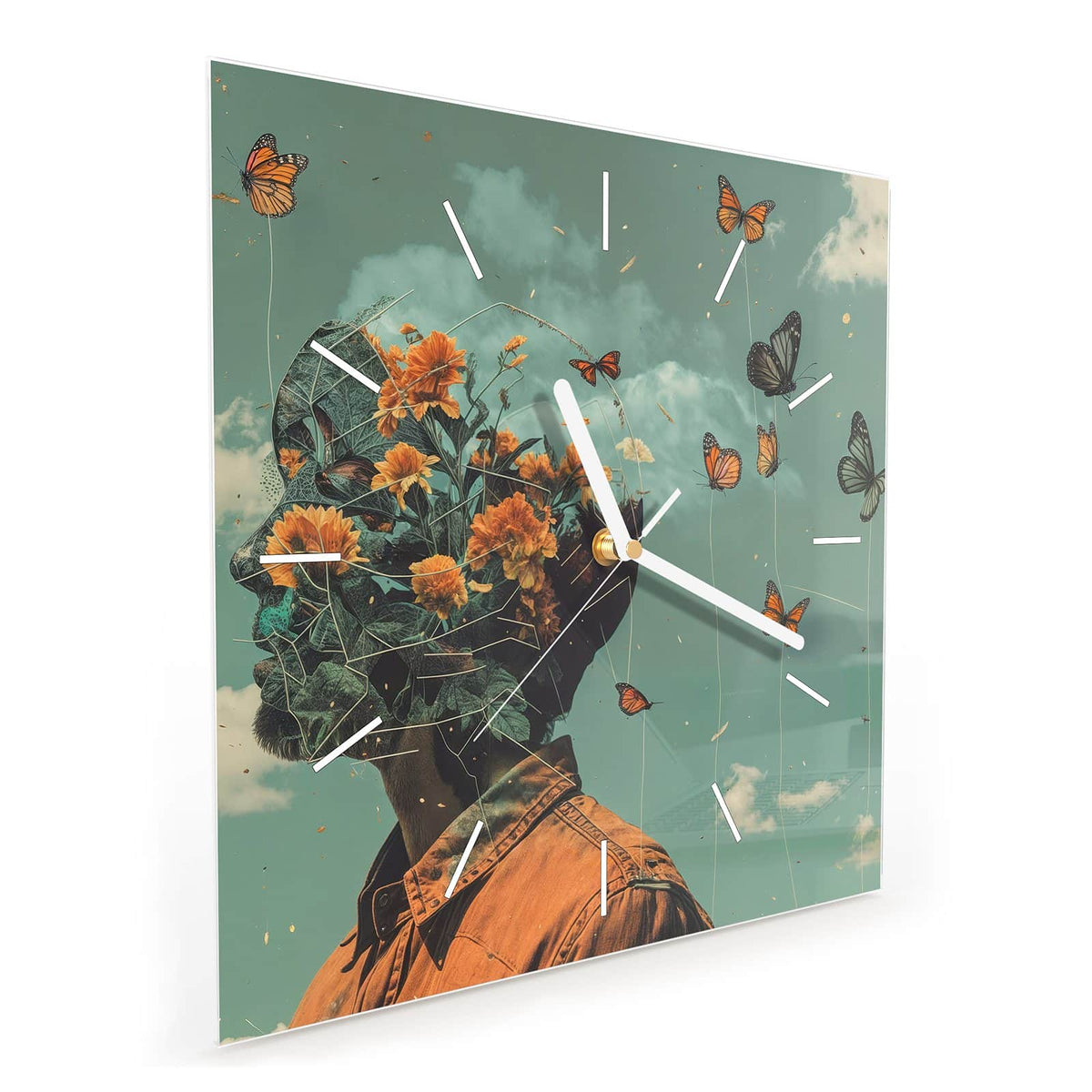 Quadratische Wanduhr aus Glas Kopf voller Blumen schräg von der Seite, 4 mm starkes Glas