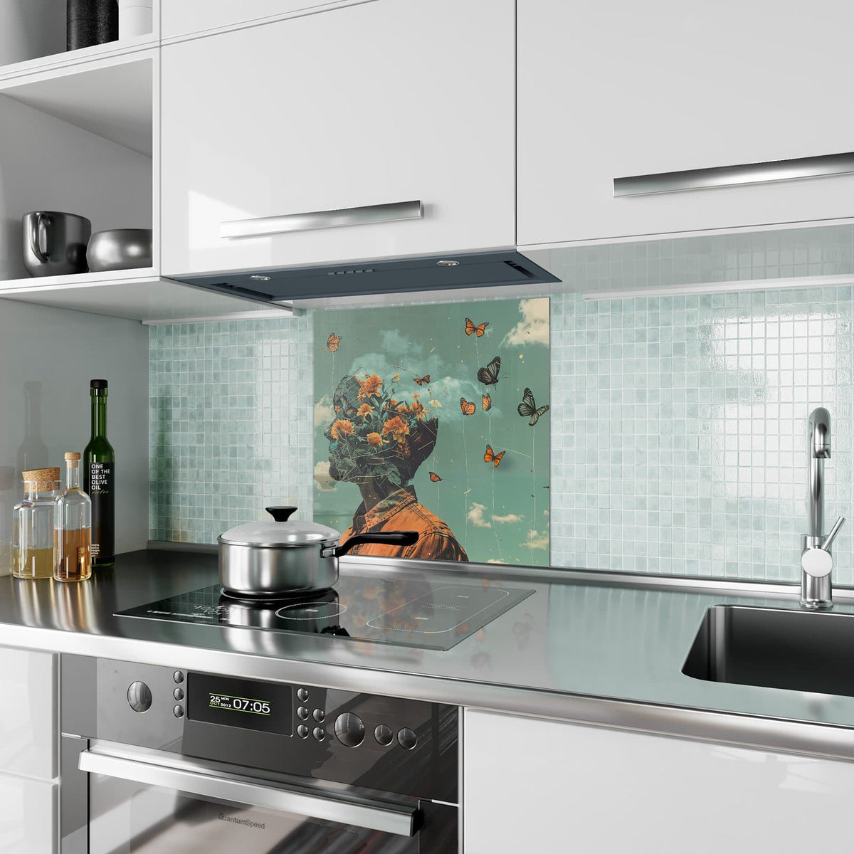 Küchenrückwand aus Glas Kopf voller Blumen im quadratischen Format als Spritzschutz hinter dem Kochfeld, über dem Fliesenspiegel montiert
