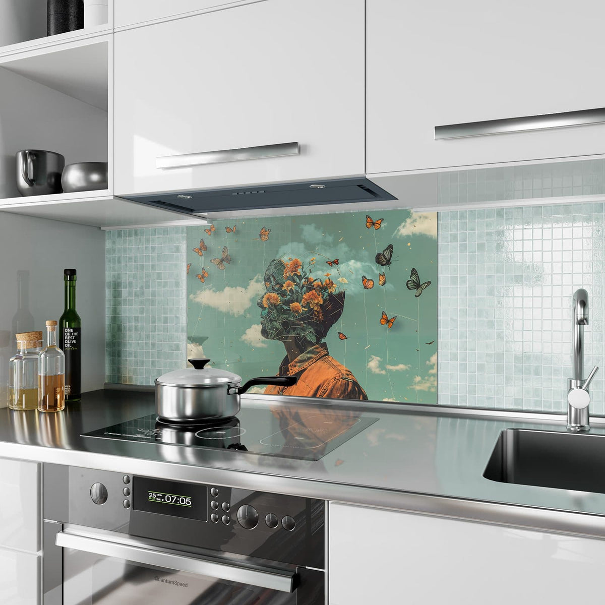 Küchenrückwand aus Glas Kopf voller Blumen im Hochformat als Spritzschutz hinter dem Kochfeld, über dem Fliesenspiegel montiert
