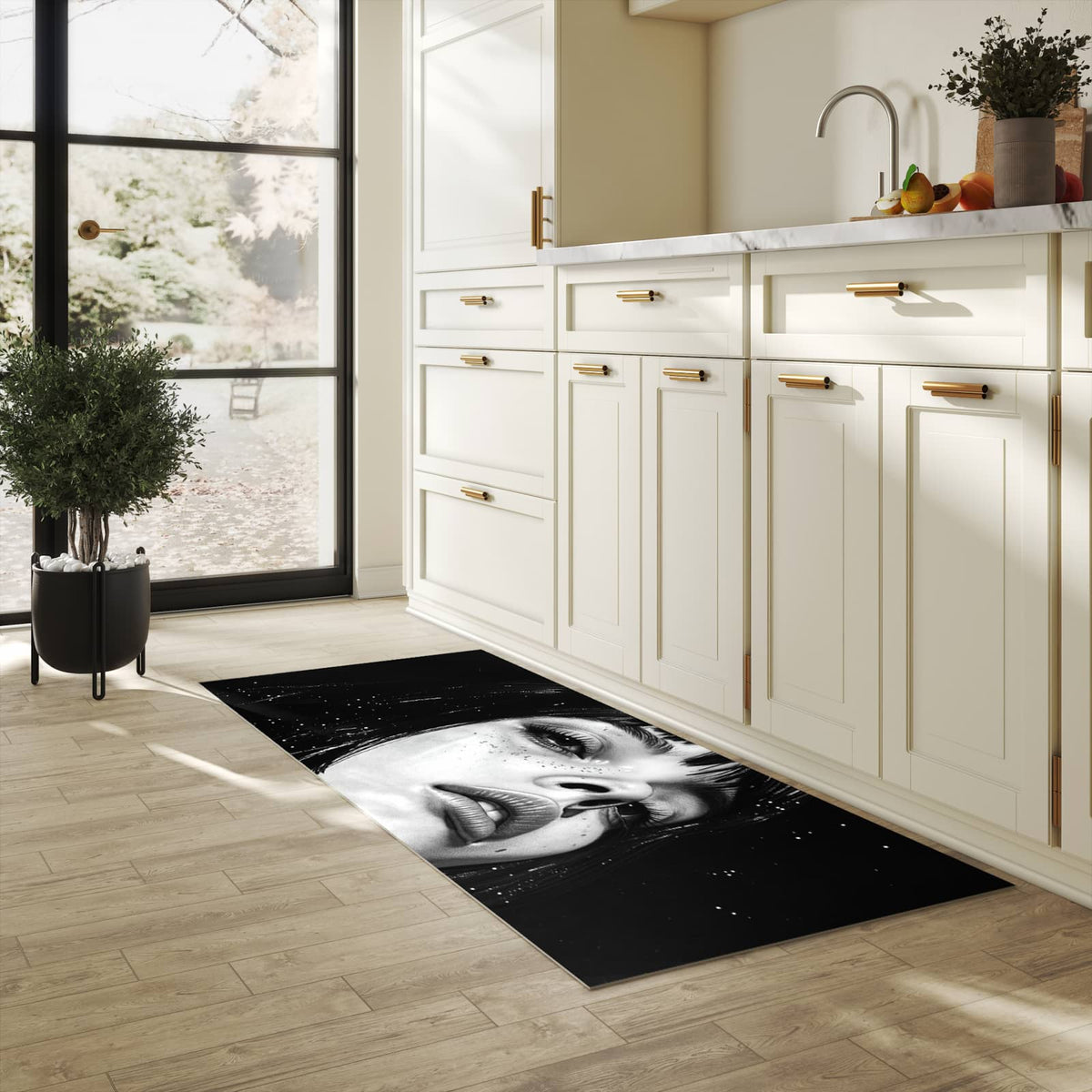 Zeitsparender Küchenteppich mit Motiv Mystischer Blick in heller Küche
