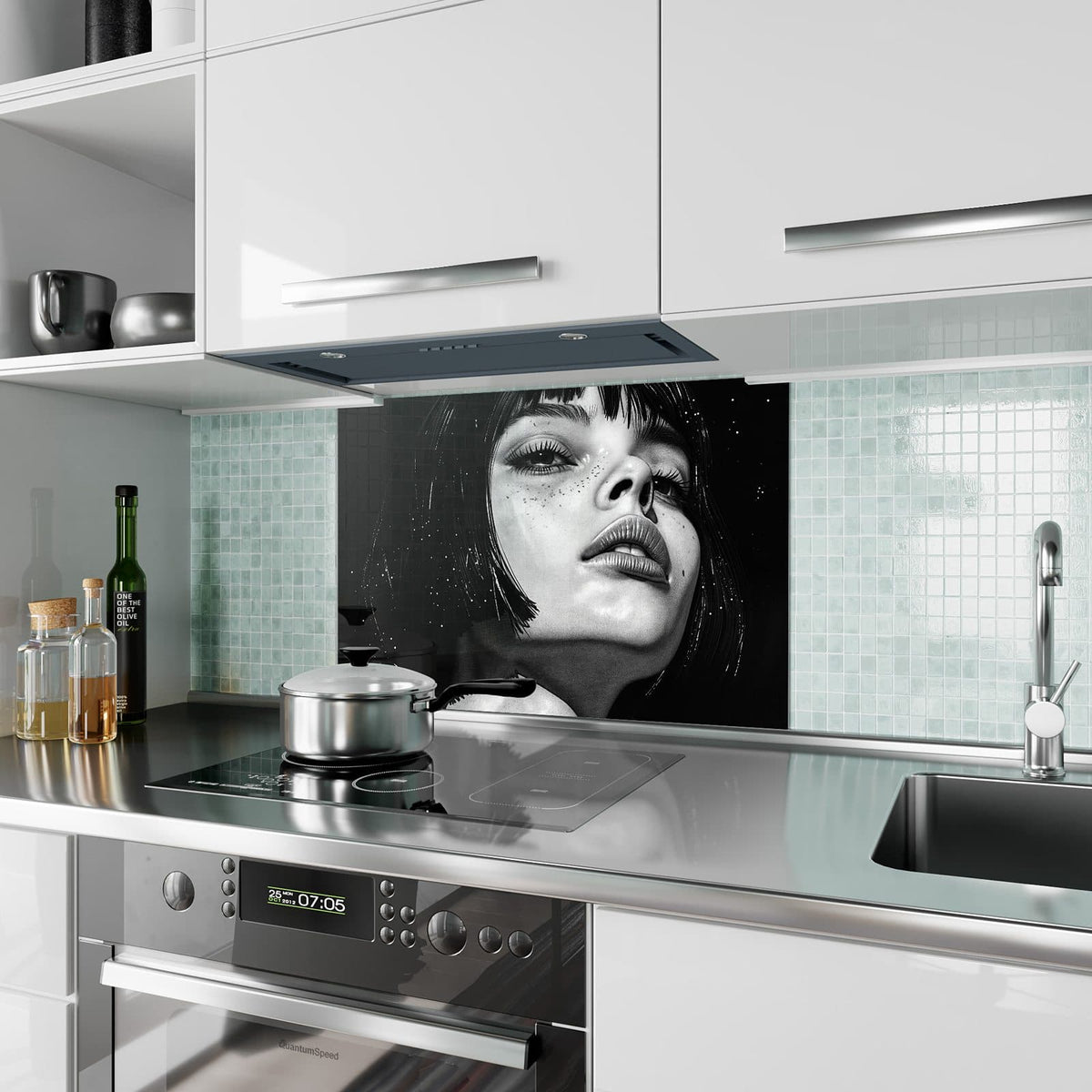 Küchenrückwand aus Glas Gesicht im Sternenstaub im Hochformat als Spritzschutz hinter dem Kochfeld, über dem Fliesenspiegel montiert