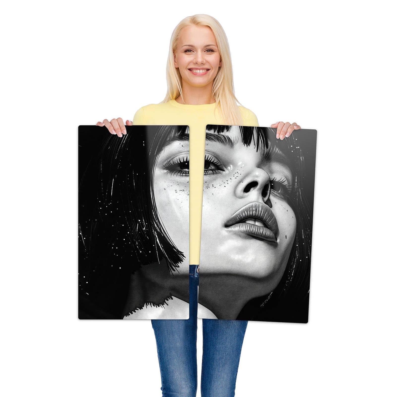 2-teilige Abdeckplatten für Ceranfeld mit Mystischer Blick-Motiv wird zur Größendarstellung gehalten