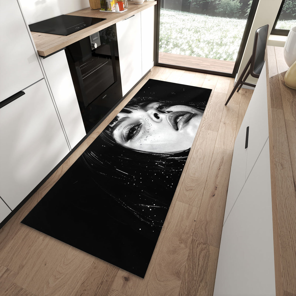 Farbbeständiger Teppichläufer mit Motiv Mystischer Blick in moderner Küche