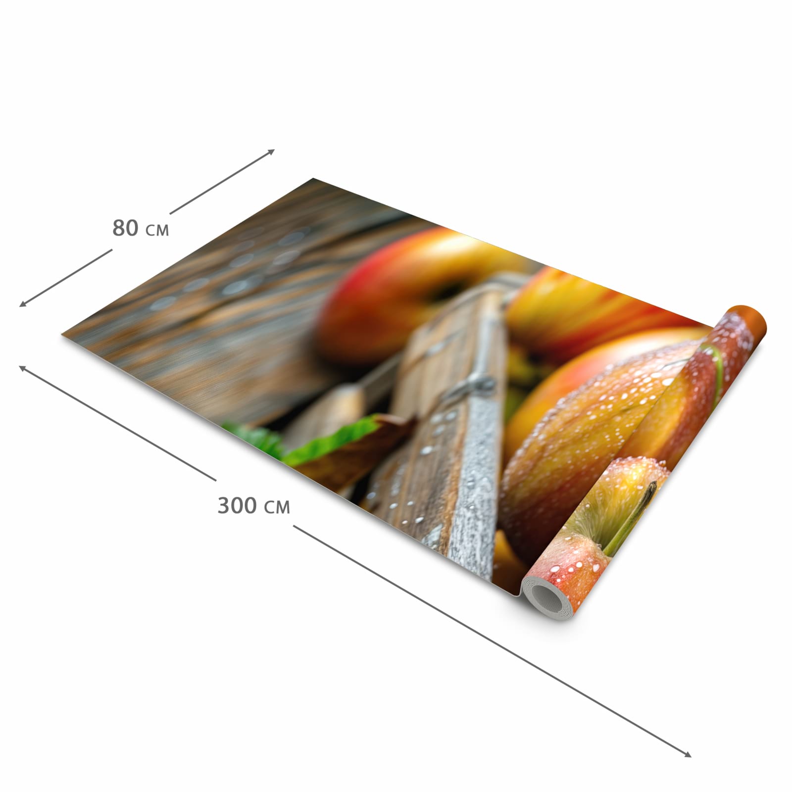 Pflegeleichter Küchenläufer mit Motiv Äpfel Holzkiste in der Grösse 60x180 cm