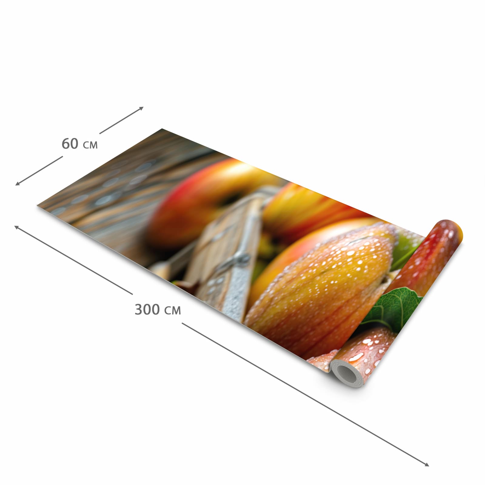 Fleckenresistenter Küchenläufer mit Motiv Äpfel Holzkiste in der Grösse 60x180 cm