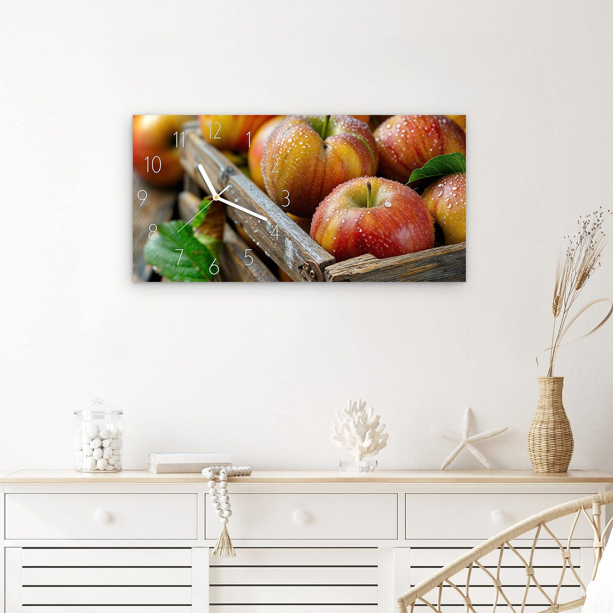 Wanduhr Äpfel Holzkiste aus Glas – Querformat 60 × 30 cm – Rote Äpfel im Holzkasten