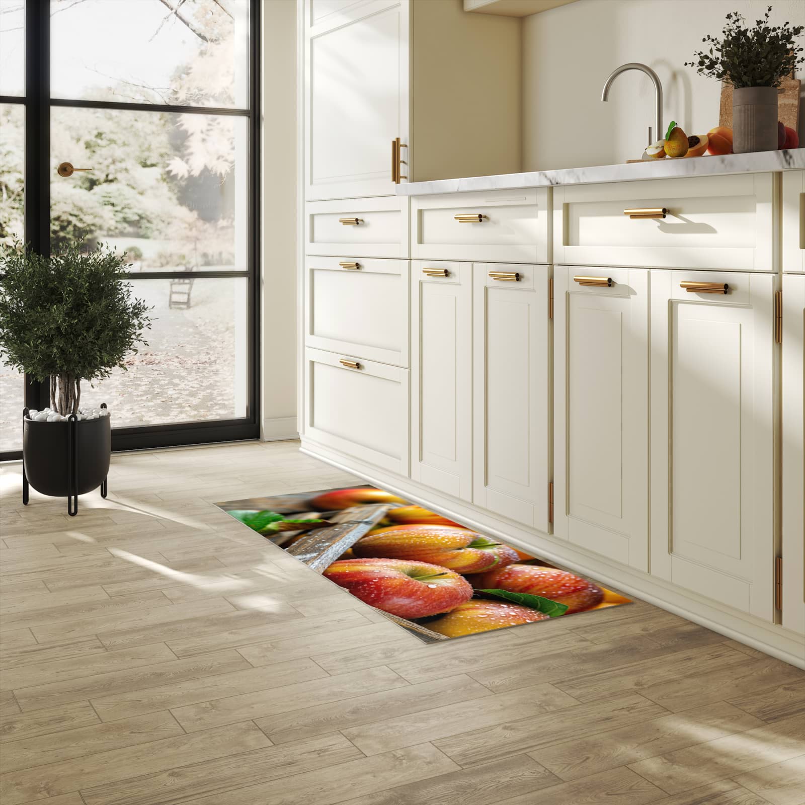Langlebiger waschbarer Küchenläufer mit Motiv Äpfel Holzkiste in heller Küche