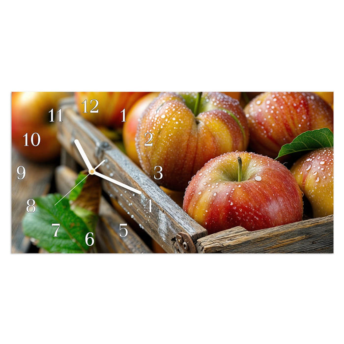 Wanduhr Äpfel Holzkiste aus Glas – Querformat 60 × 30 cm mit Ziffernblatt Klassisch