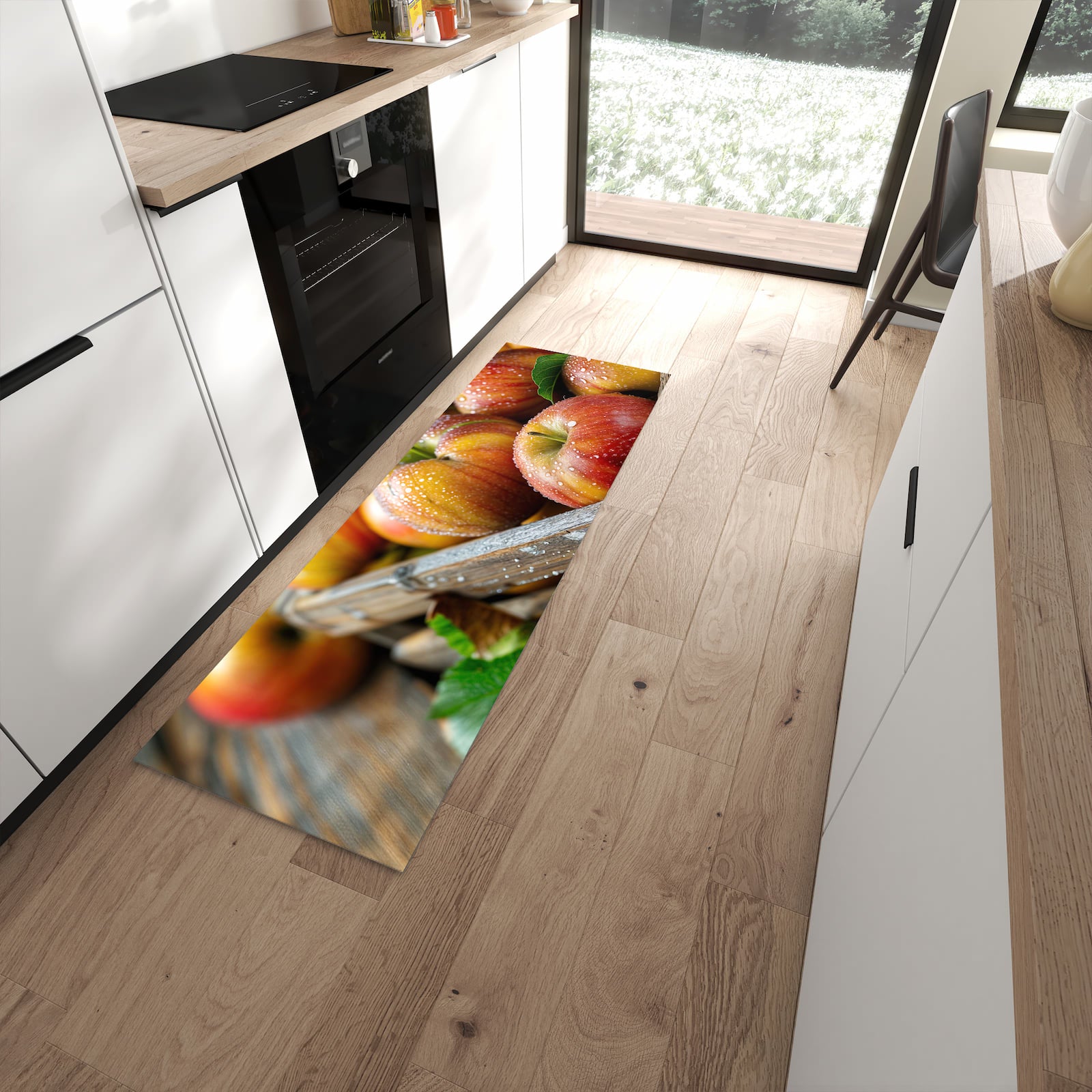 Abriebfester rutschfester Küchenläufer mit Motiv Äpfel Holzkiste in moderner Küche