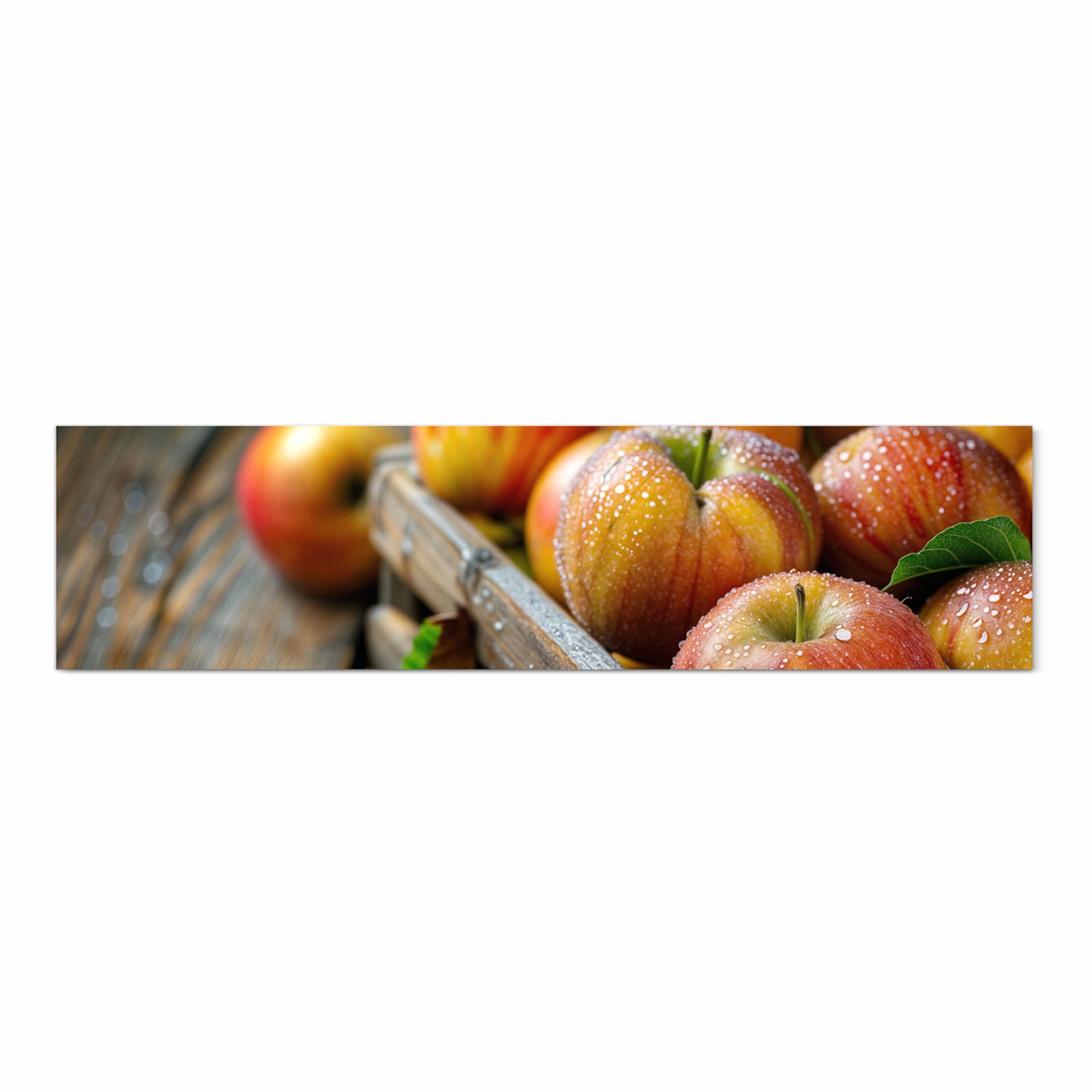 Waschbarer moderner Küchenläufer mit Motiv Äpfel Holzkiste in Frontansicht