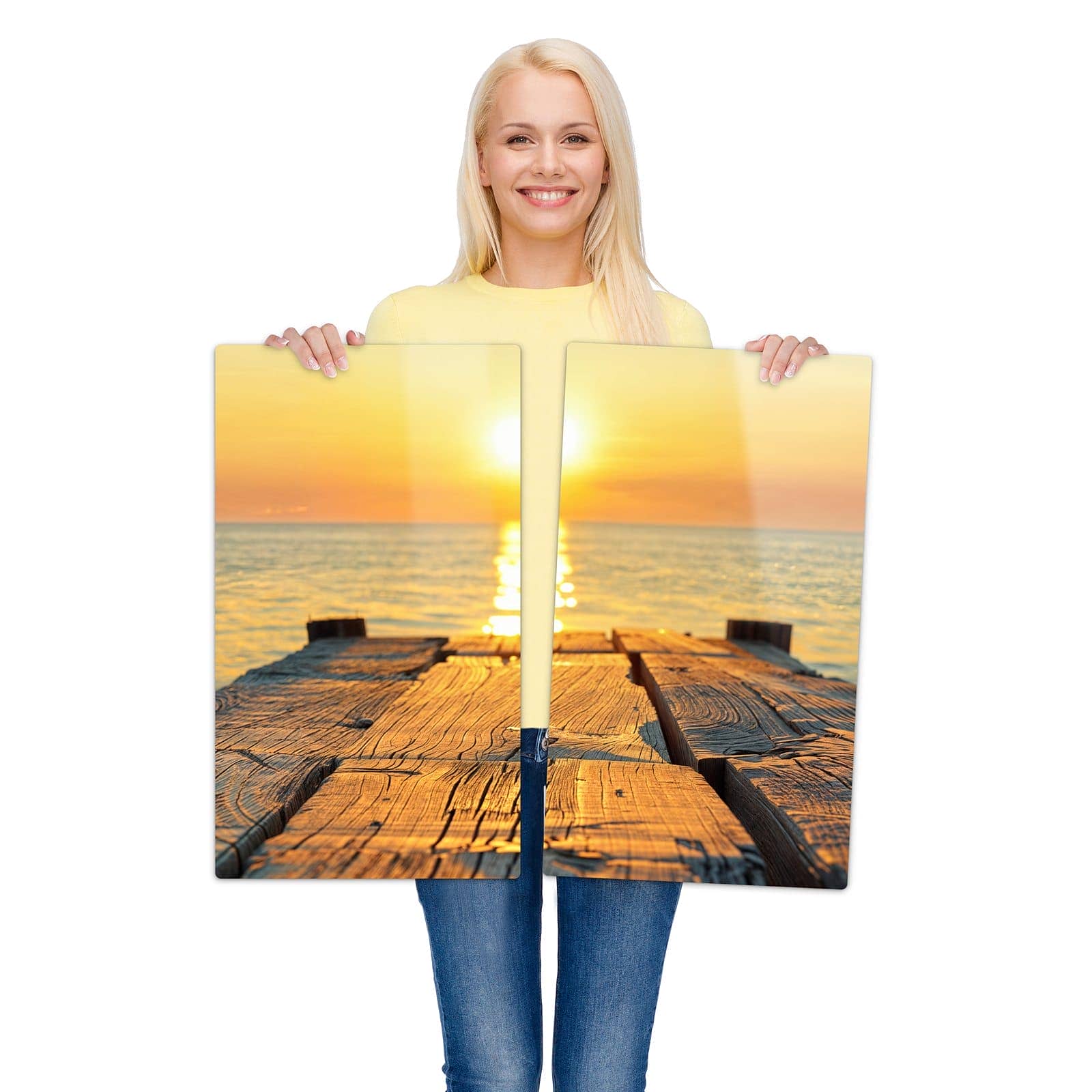 Abdeckplatte für Ceranfeld mit Sonnenuntergang & Meer-Motiv wird zur Größendarstellung gehalten