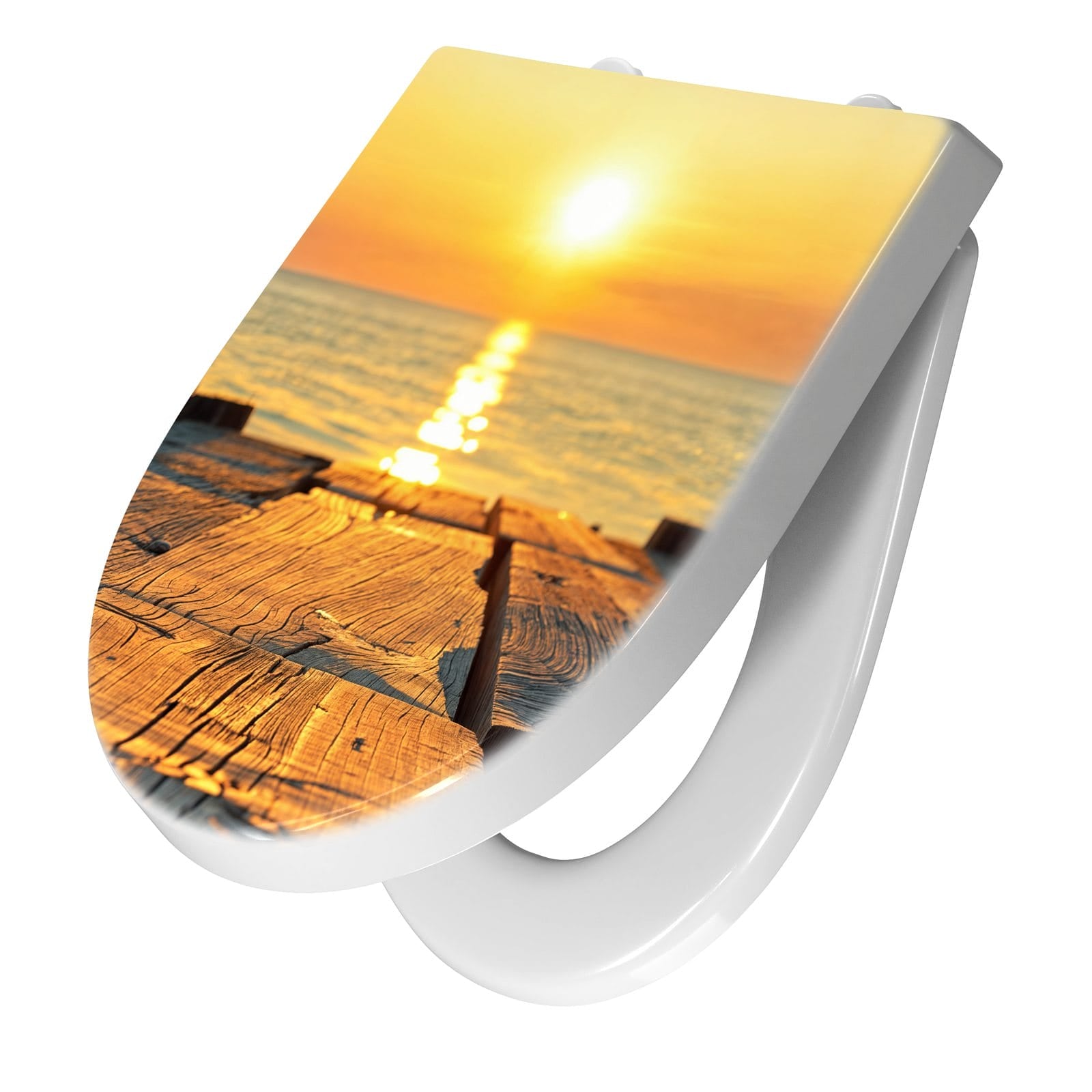 Farbbeständiger WC-Deckel mit Motiv Sonnenuntergang & Meer in frontaler Schrägansicht