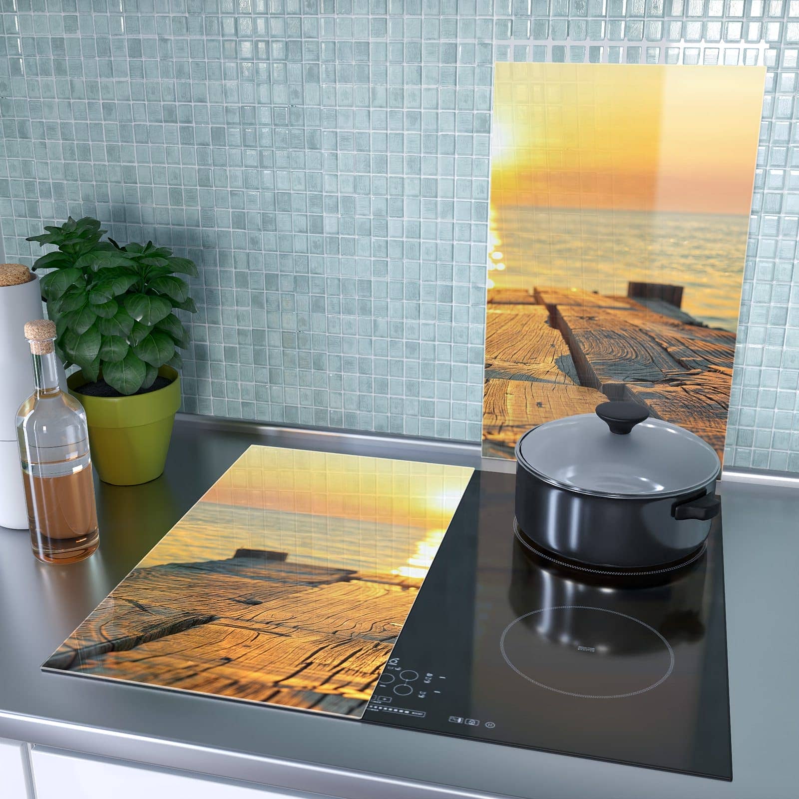 1-teilige Herdabdeckung mit Sonnenuntergang & Meer-Motiv als Spritzschutz hinter dem Kochfeld