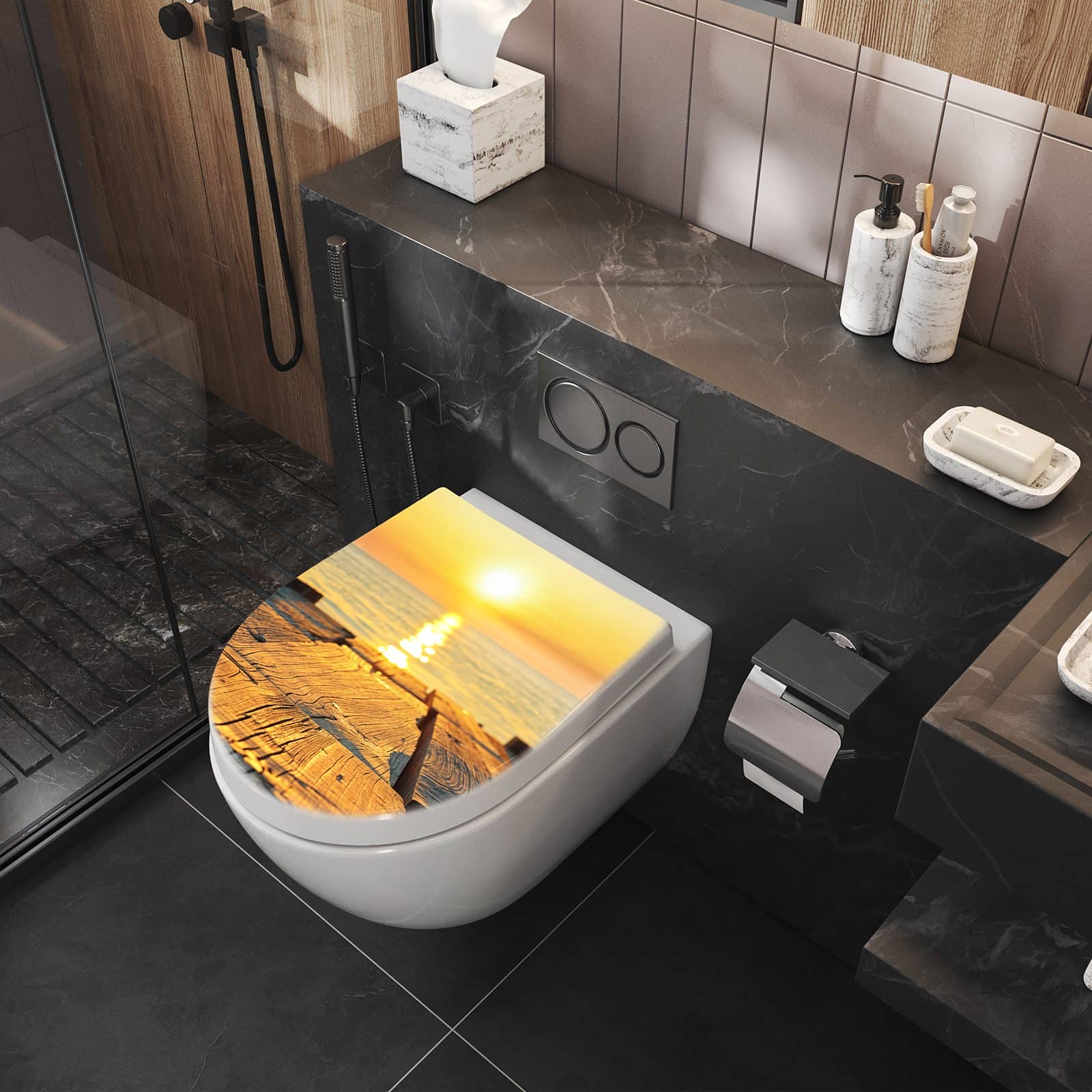 Farbbeständige Toilettenbrille mit Motiv Sonnenuntergang & Meer im Badezimmer seitliche Perspektive