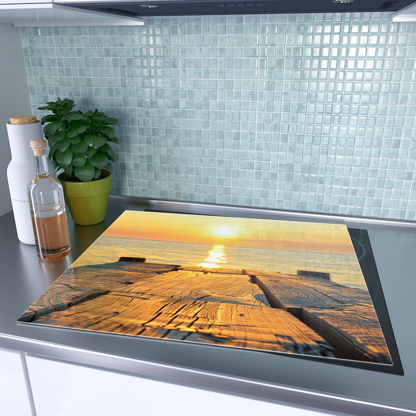 1-teilige Abdeckplatte Induktionsherd mit Sonnenuntergang & Meer-Motiv auf dem Ceranfeld