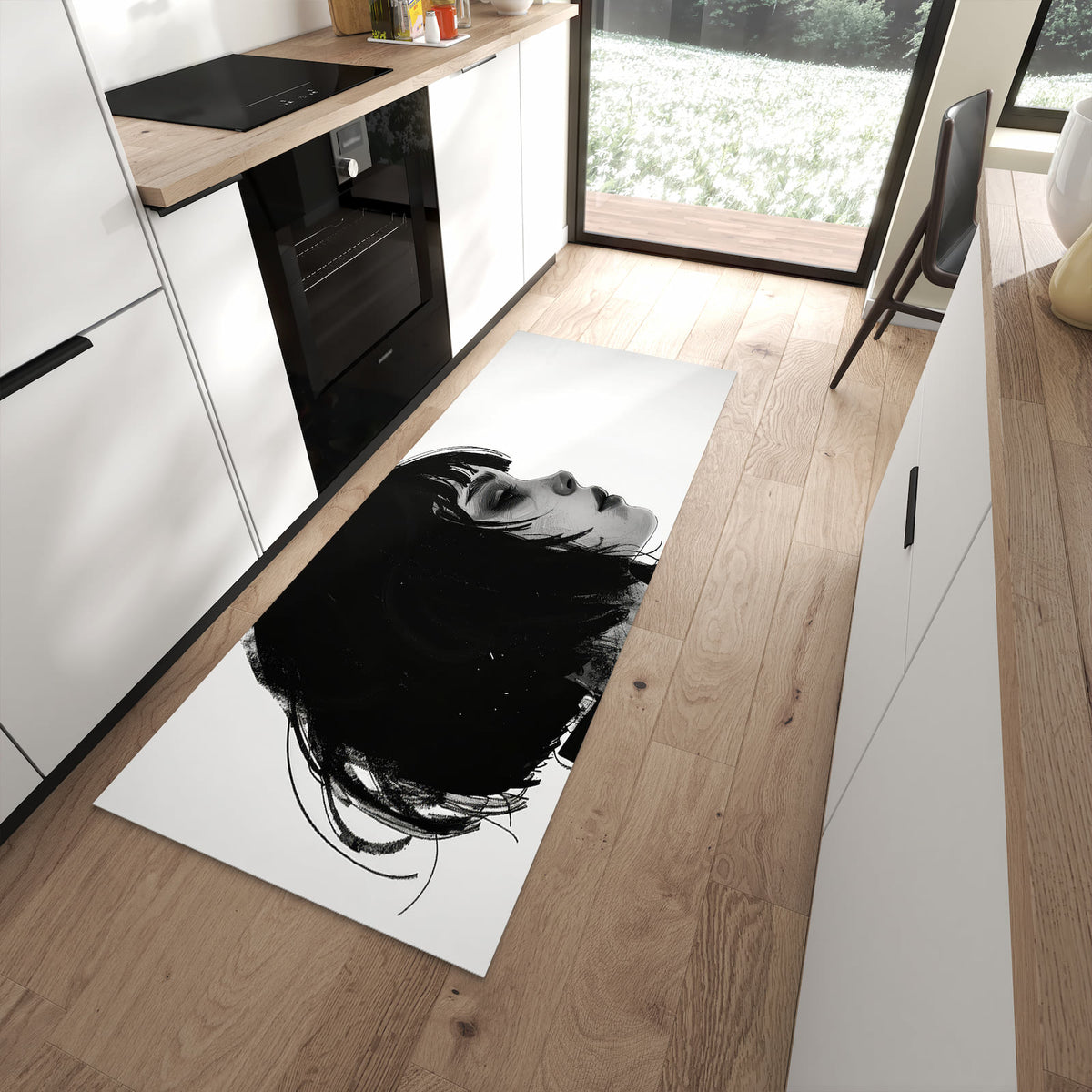 Bodenschonender Küchenteppich mit Motiv Silhouetten Porträt in moderner Küche