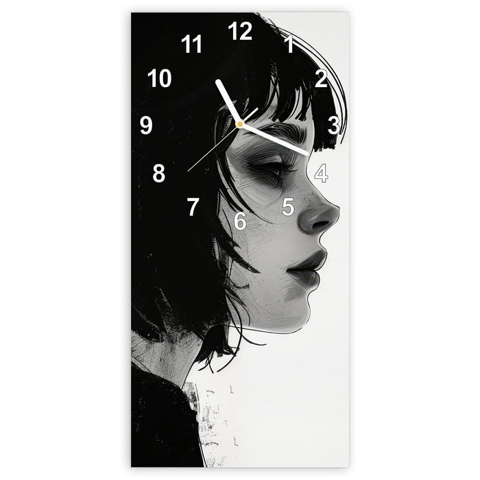 Wanduhr Silhouetten Porträt aus Glas – Hochformat 30 × 60 cm mit Ziffernblatt Modern