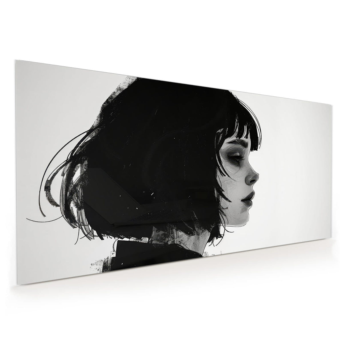 Küchenrückwand aus Glas im Hochformat: Schwarz-weißes Profil eines Mädchens mit schwarzem Bob und geschlossenen Augen