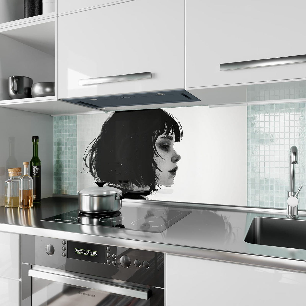 Küchenrückwand aus Glas Schwarzer Bob im Profil im Hochformat als Spritzschutz hinter dem Kochfeld, über dem Fliesenspiegel montiert