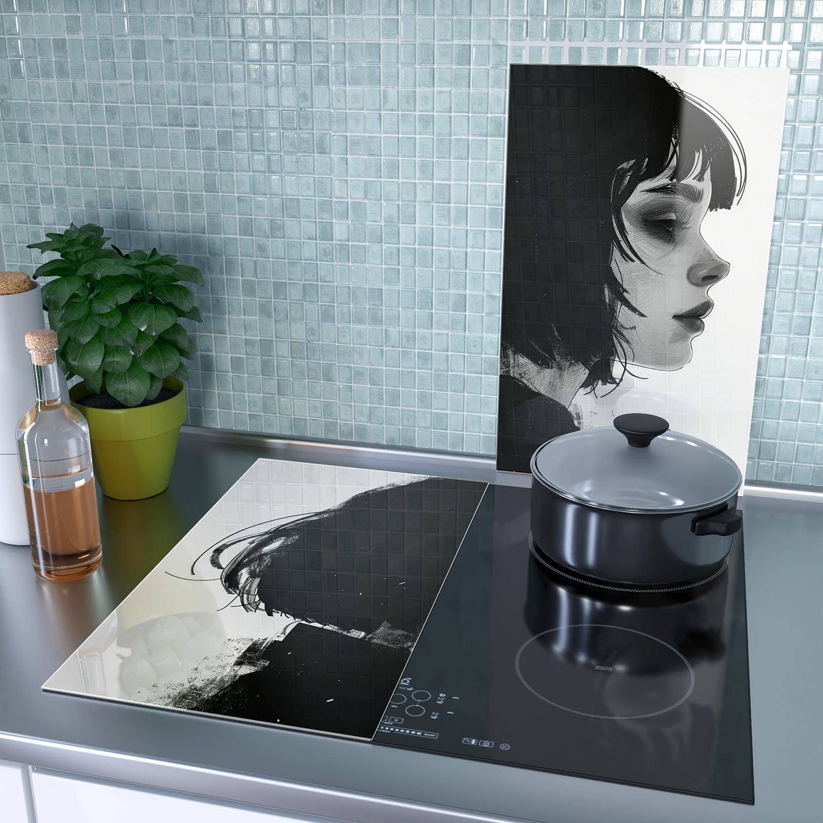 2-teilige Abdeckplatten Ceranfeld mit Silhouetten Porträt-Motiv als Spritzschutz hinter dem Kochfeld