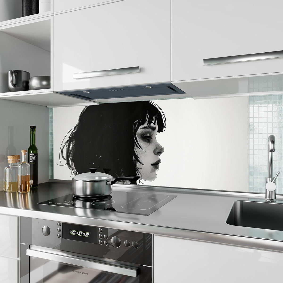 Küchenrückwand aus Glas Schwarzer Bob im Profil im Hochformat als Spritzschutz hinter dem Kochfeld, über dem Fliesenspiegel montiert