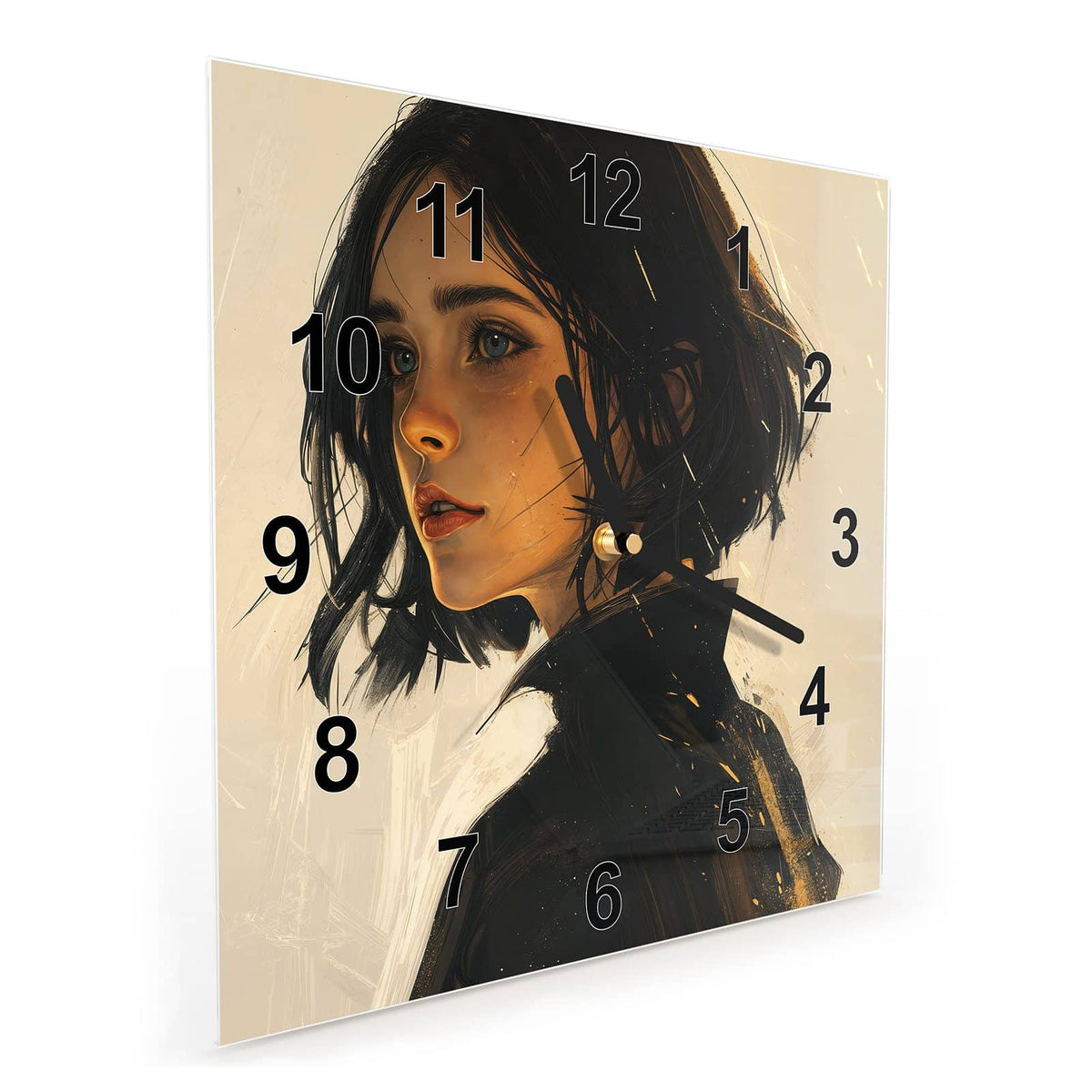 Quadratische Wanduhr aus Glas Frau mit dunklem Bob schräg von der Seite, 4 mm starkes Glas