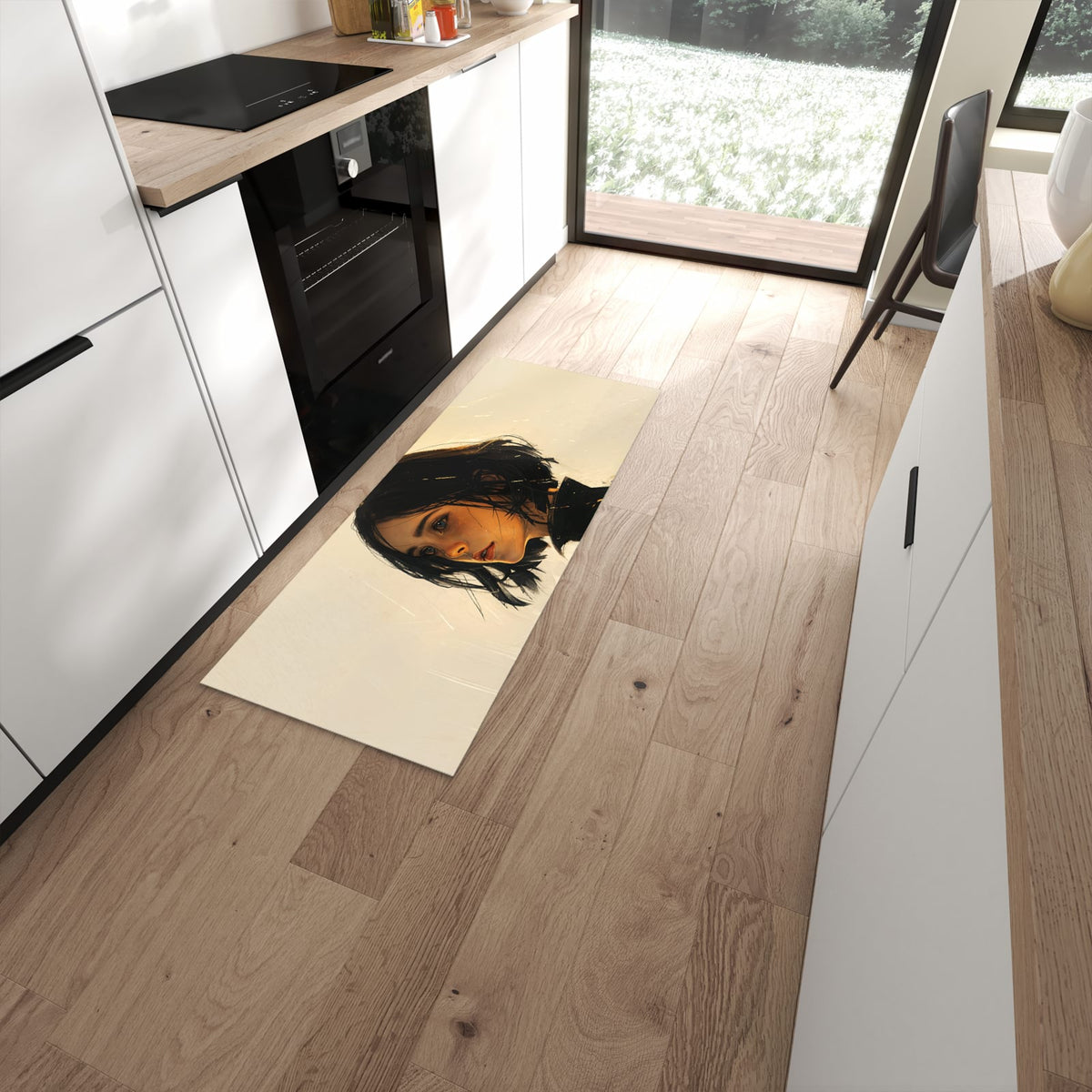 Geräuschdämpfender Küchenteppich mit Motiv Porträt junge Frau in moderner Küche #grösse_60 x 150 cm