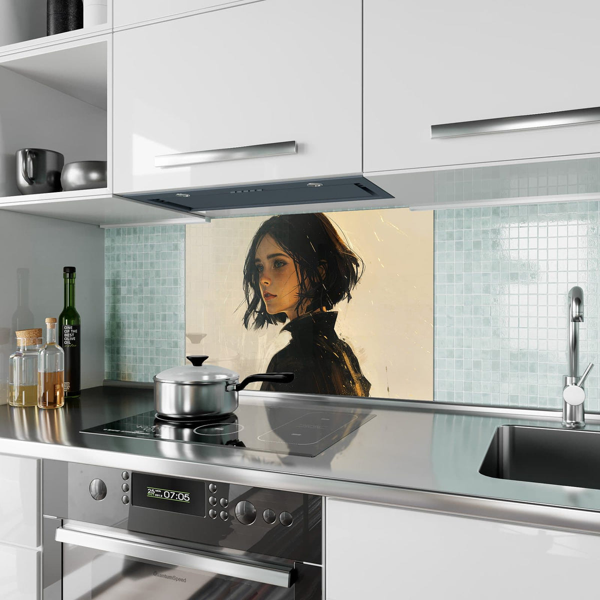 Küchenrückwand aus Glas Frau mit dunklem Bob im Hochformat als Spritzschutz hinter dem Kochfeld, über dem Fliesenspiegel montiert