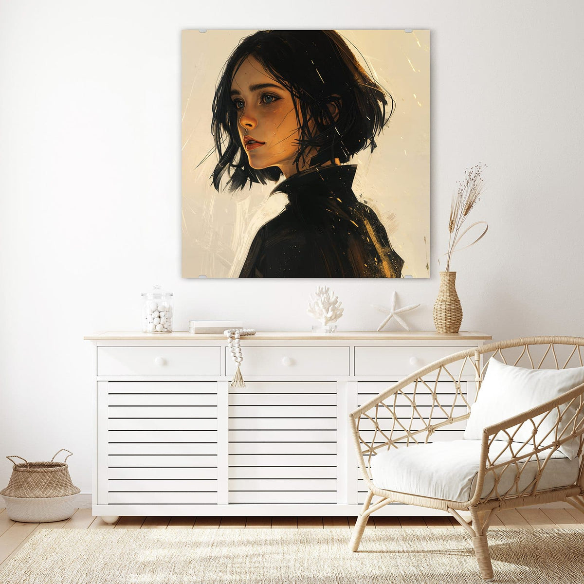 Glasbild Frau mit dunklem Bob an der Wand – Illustrierte junge Frau mit schwarzem Bob und dunkler Jacke vor warmem Beige