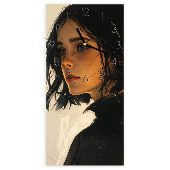 Wanduhr Porträt junge Frau aus Glas – Hochformat 30 × 60 cm mit Ziffernblatt Elegant