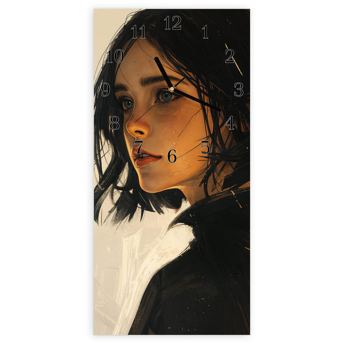 Wanduhr Porträt junge Frau aus Glas – Hochformat 30 × 60 cm mit Ziffernblatt Klassisch