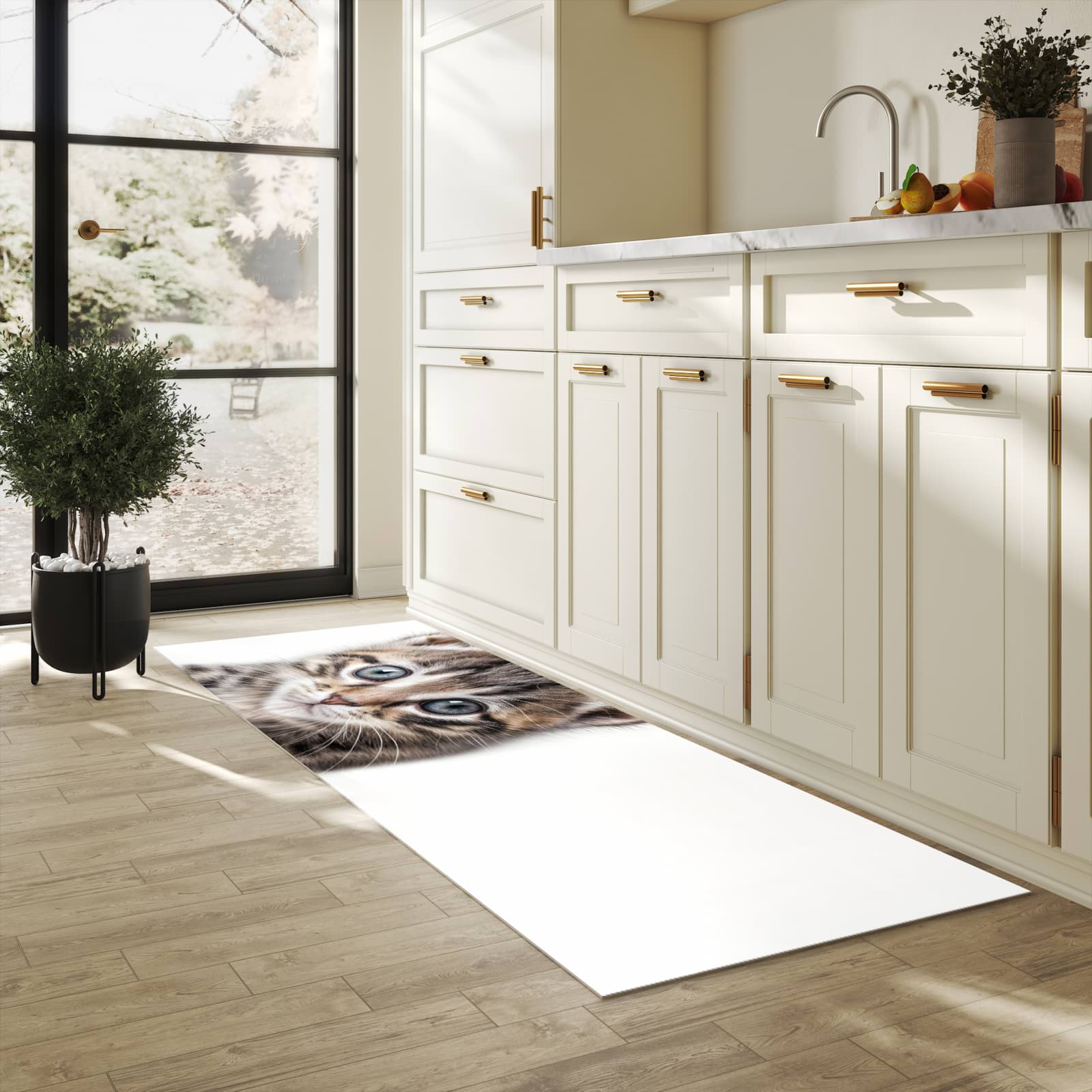 Wasserabweisender Küchenläufer mit Motiv Sanfte Katzenjunges in heller Küche
