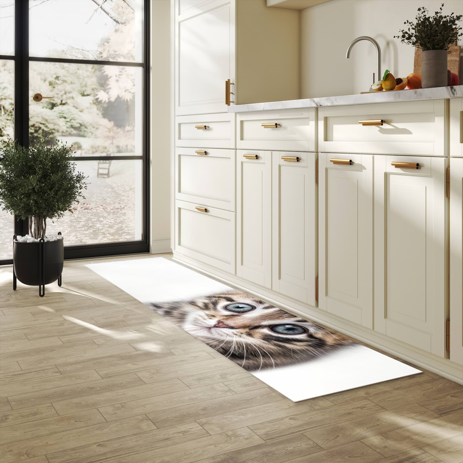 Geräuschdämpfender Küchenläufer mit Motiv Sanfte Katzenjunges in heller Küche